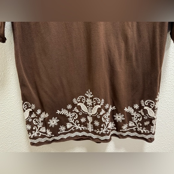 Johnny Was Tunic Blouse Embroidered Floral Birds Quarter Sleeve Cotton Brown XS - Picture 4 of 9